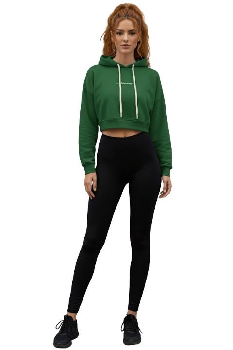 3 İPLİK KAPÜŞONLU KADIN CROP-YEŞİL