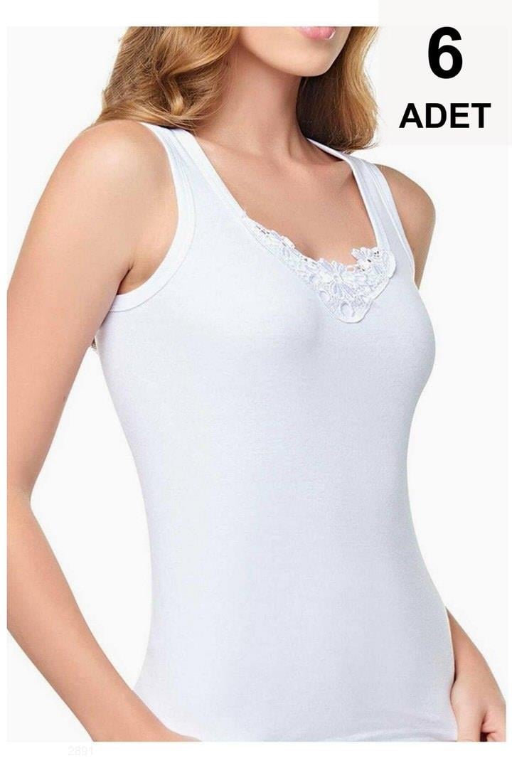 6 Adet Geniş Askılı Güpürlü Kadın Atlet - Beyaz