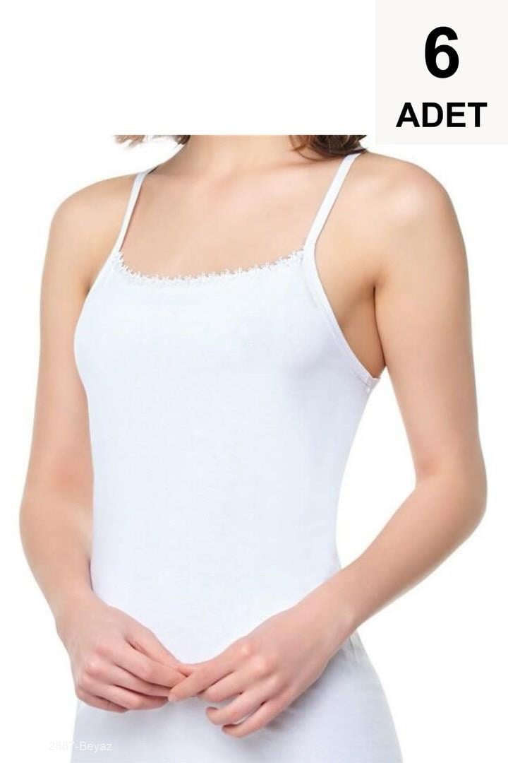 6 Adet İp Askılı Papatyalı Kadın Atlet - Beyaz