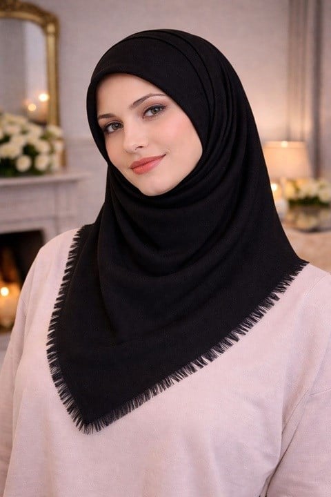 Düz Flamlı Eşarp - Siyah