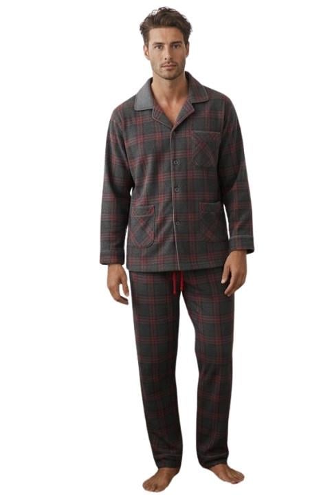Erkek Süet Düğmeli Pijama Takımı Kareli Bordo