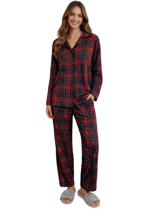 Kadın Düğmeli Pijama Takımı - Kırmızı