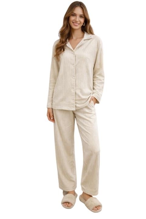 Kadın Düğmeli Pijama Takımı - Krem
