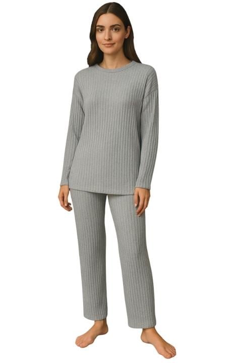 Kadın Fitilli Pijama Takım - Gri
