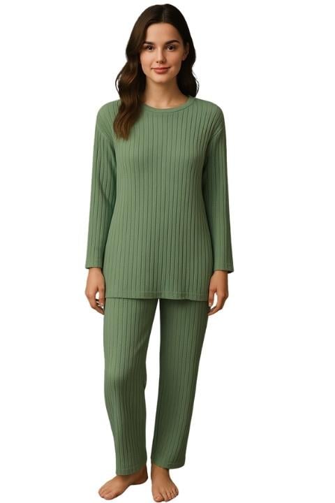 Kadın Fitilli Pijama Takım - Su Yeşili