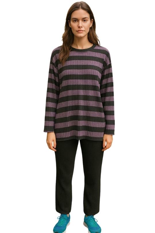 Kadın Fitilli Takım-Siyah Mor Çizgili