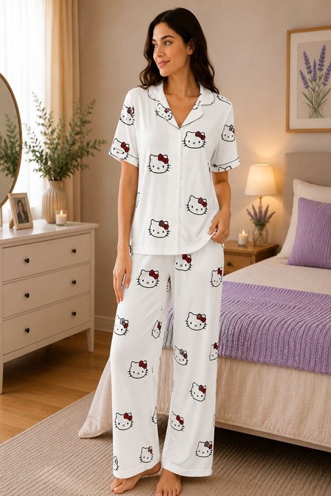 Kadın Milan Düğmeli Kısa Kol Pijama Takımı