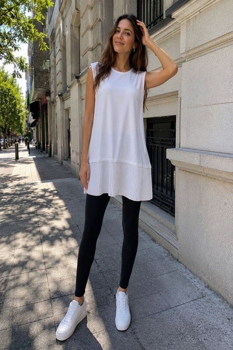 Kadın Sıfır Kol Tüllü Piliseli  Tunik - Beyaz