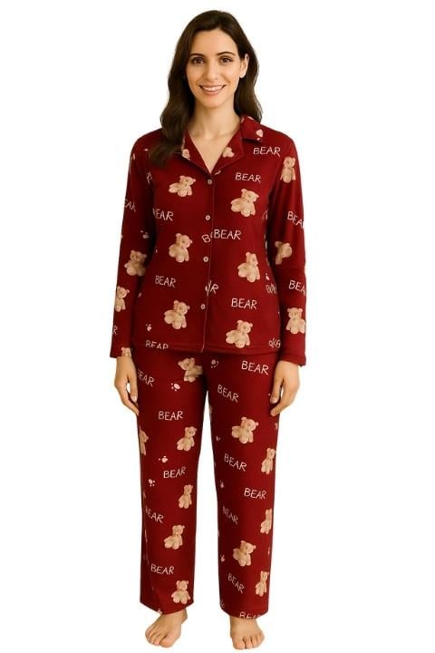 Kadın Süet Düğmeli Klasik Yaka Ayıcık Desen Pijama Takımı