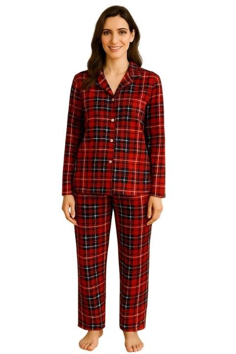 Kadın Süet Düğmeli Klasik Yaka Pijama Takımı-Kırmızı Çizgili