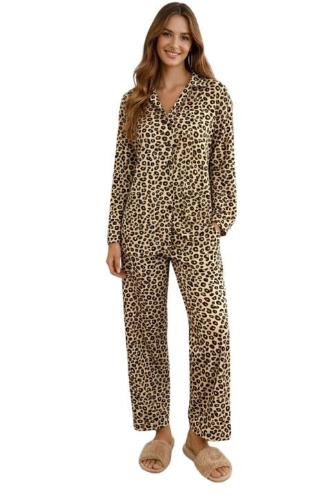 Moon Line Kadın Süet Düğmeli Pijama Takımı - Leopar Desenli