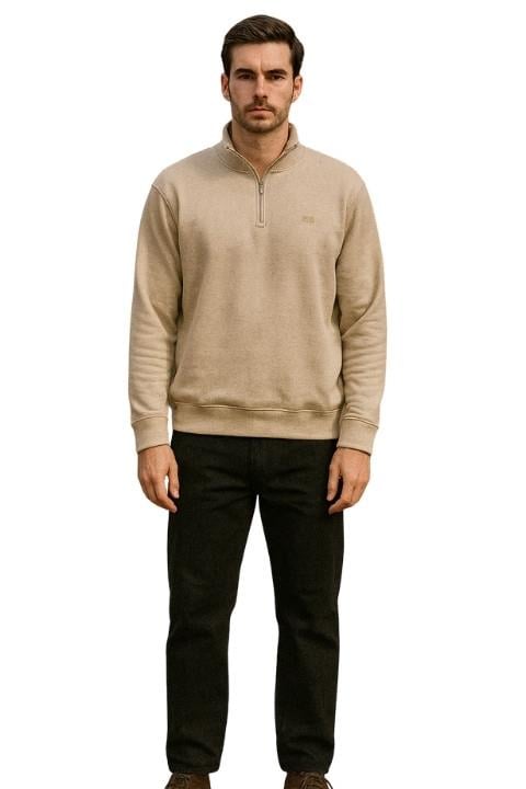 Selanik Kumaş Yarım Fermuarlı Erkek Sweatshirt-Bej