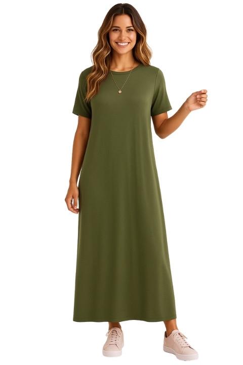 SIFIR YAKA KISA KOL DÜZ PENYE ELBİSE-ASKER YEŞİLİ