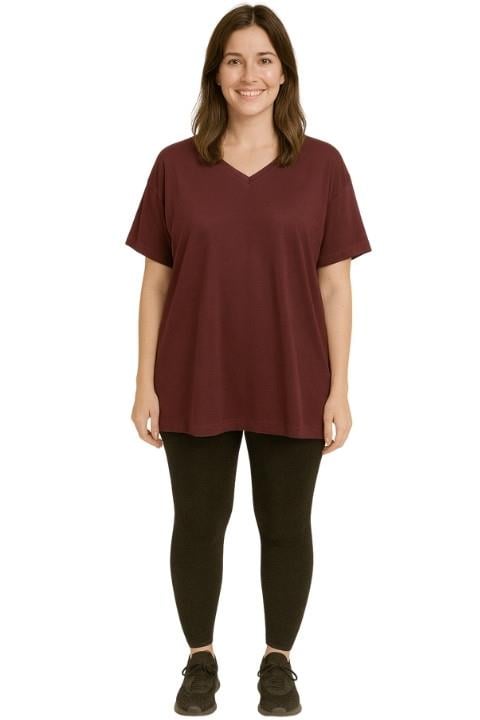 V Yaka Kadın T-Shirt-Bordo
