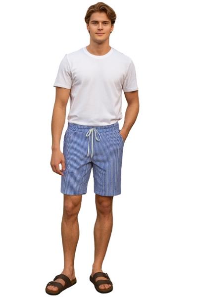 Erkek Çizgili Şort - Mavi