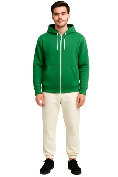 UNISEX 3 İPLİK FERMUARLI KAPÜŞONLU-AÇIK YEŞİL