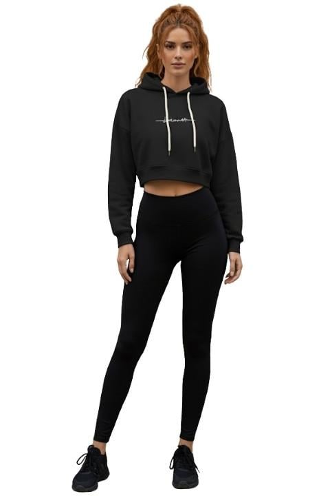 3 İPLİK KADIN KAPÜŞONLU CROP-SİYAH