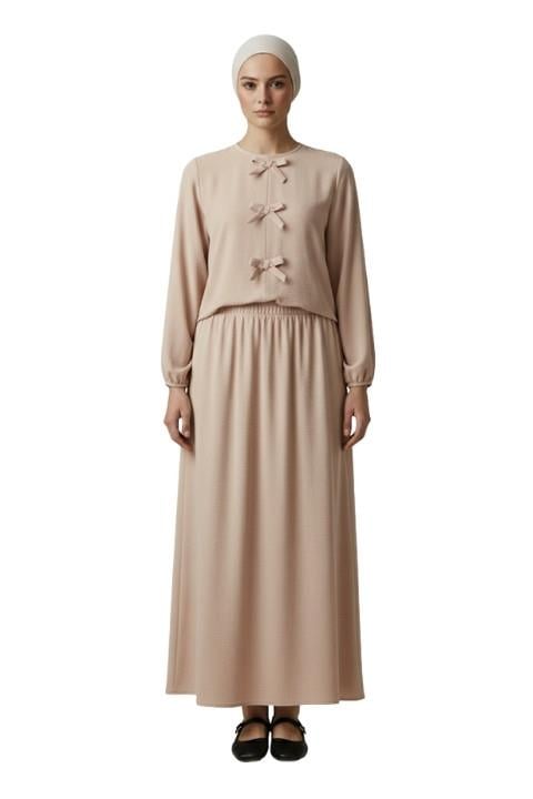 FİYONKLU ETEKLİ KADIN TAKIM-BEJ