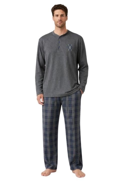 Jakarlı Erkek Pijama Takımı - Füme