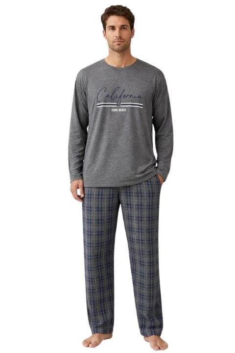Jakarlı Erkek Pijama Takımı - Koyu Gri