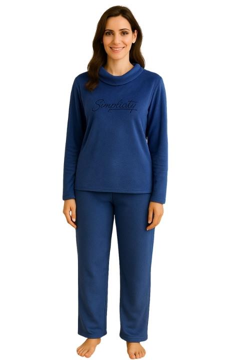 Kadife Kadın Bisiklet Yaka Pijama Takımı-Lacivert