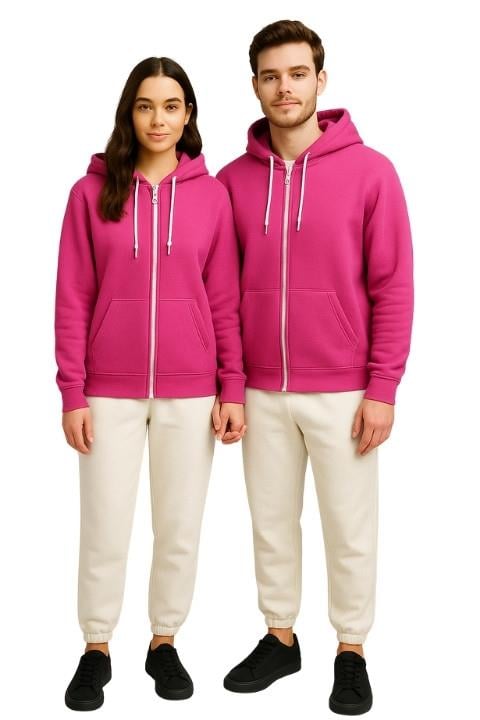 KADIN 3 İPLİK FERMUARLI KAPÜŞONLU-PEMBE