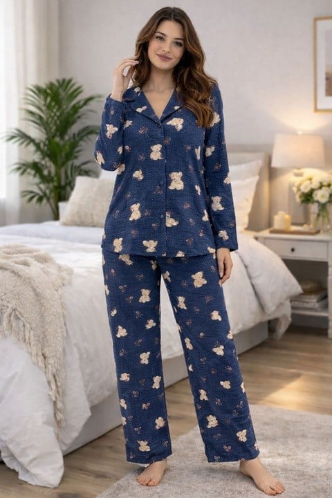 Kadın Bürümcük  Düğmeli Pijama Takımı