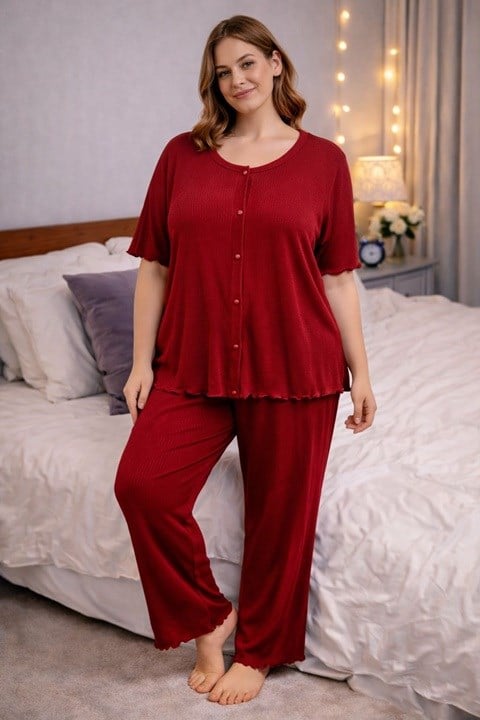 Kadın Fitilli Kısa Kol Düğmeli  Pijama Takımı  - Bordo