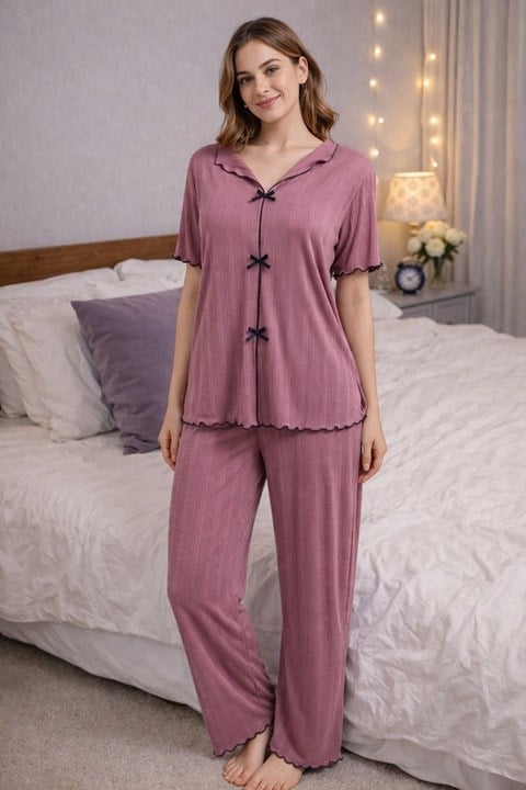 Kadın Fitilli Kısa Kol Pijama Takımı - Gül Rengi