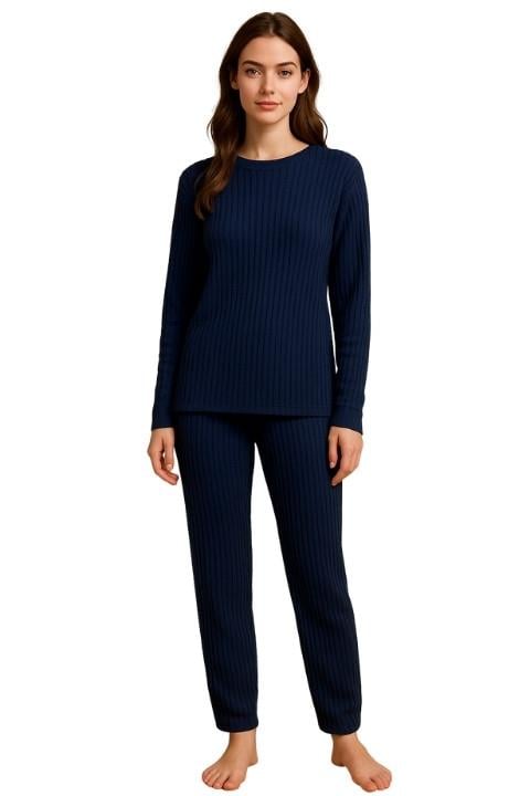 Kadın Fitilli Pijama Takım - Lacivert