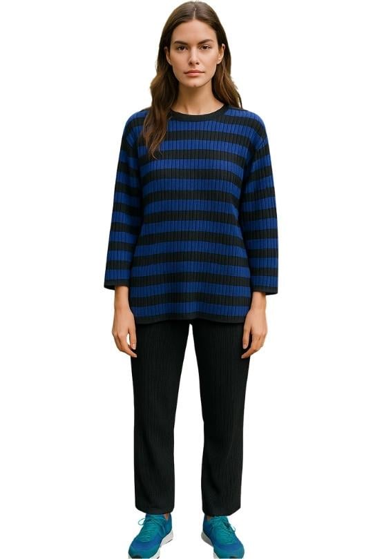 Kadın Fitilli Takım-Siyah Lacivert Çizgili