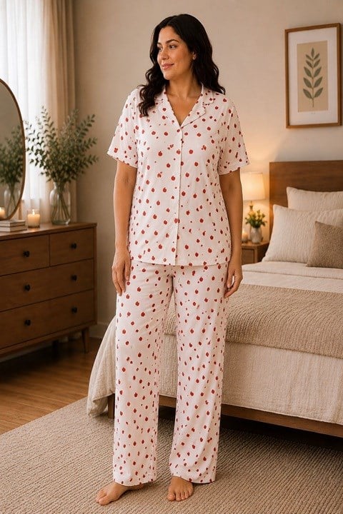 Kadın Milan Düğmeli Kısa  Kol  Battal Pijama Takımı