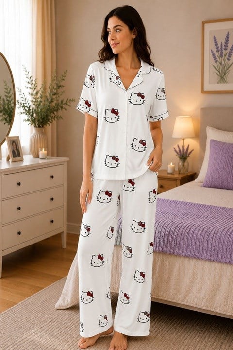 Kadın Milan Düğmeli Kısa Kol Pijama Takımı