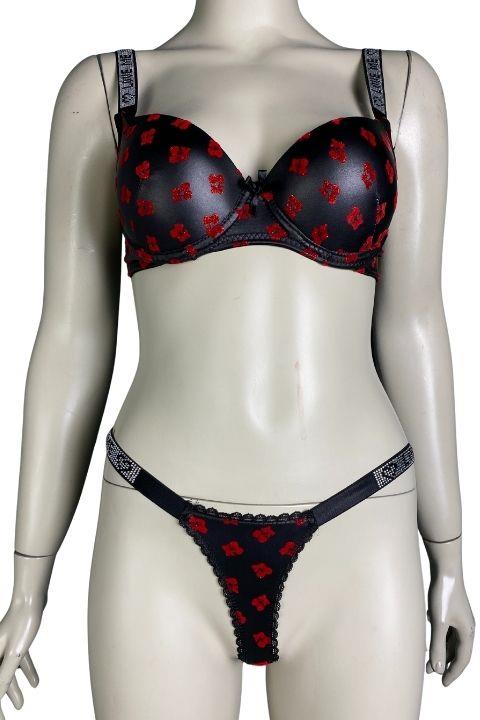 LOVE SECRET DESDEKLİ  TAŞLI 2 Lİ SÜTYEN TAKIM- SİYAH KIRMIZI DESENLİ