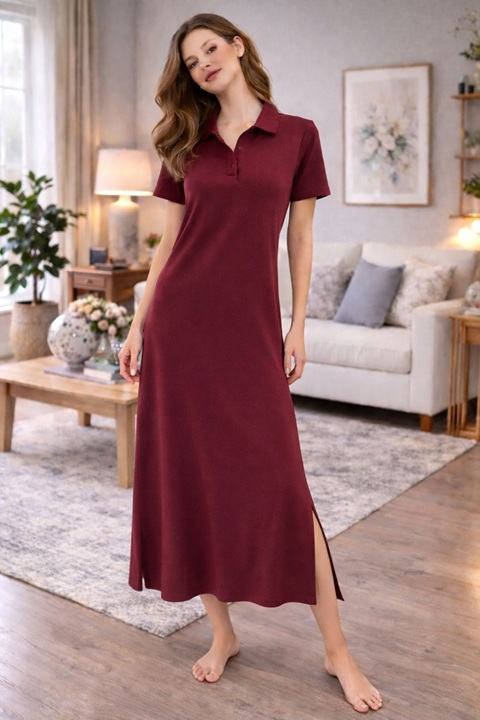 POLO YAKA KISA KOL PENYE ELBİSE-BORDO