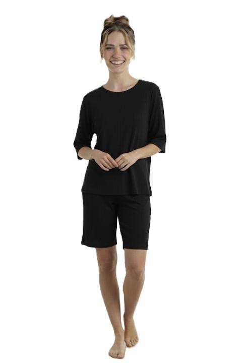 ŞORTLU KISA KOL FİTİLLİ PİJAMA TAKIMI-SİYAH