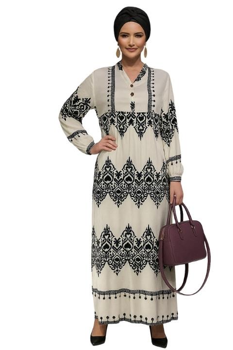 VİSKON DÜĞMELİ DESENLİ ELBİSE