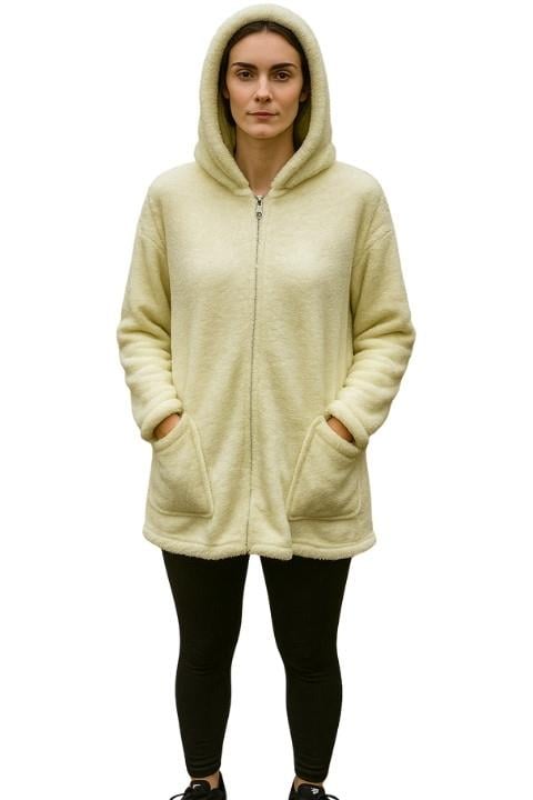 Welsoft Yıkanabilir Peluş Kumaş Çift Cepli Kadın Polar - Beyaz