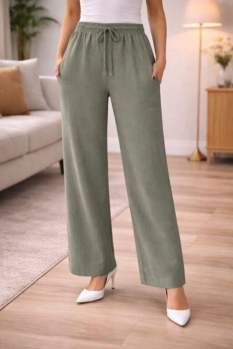 YIKAMALI KETEN PANTOLON-HAKİ