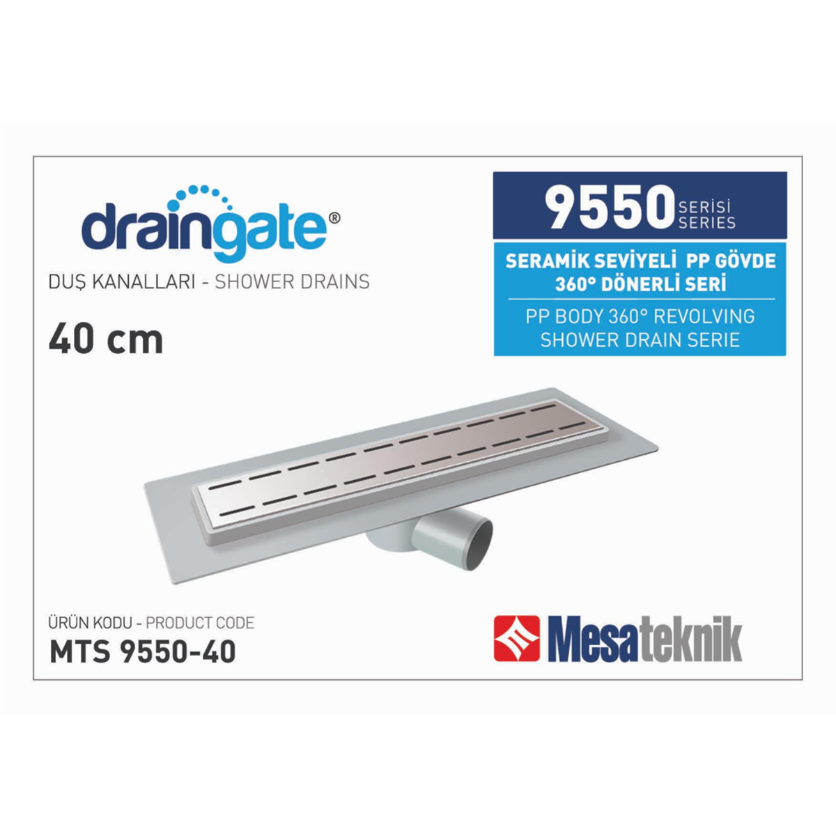 Mesa Teknik 40cm Seramik Seviyeli Eko Gövde 360° Dönerli Duş Kanalı Süzgeci Ø 50 mm