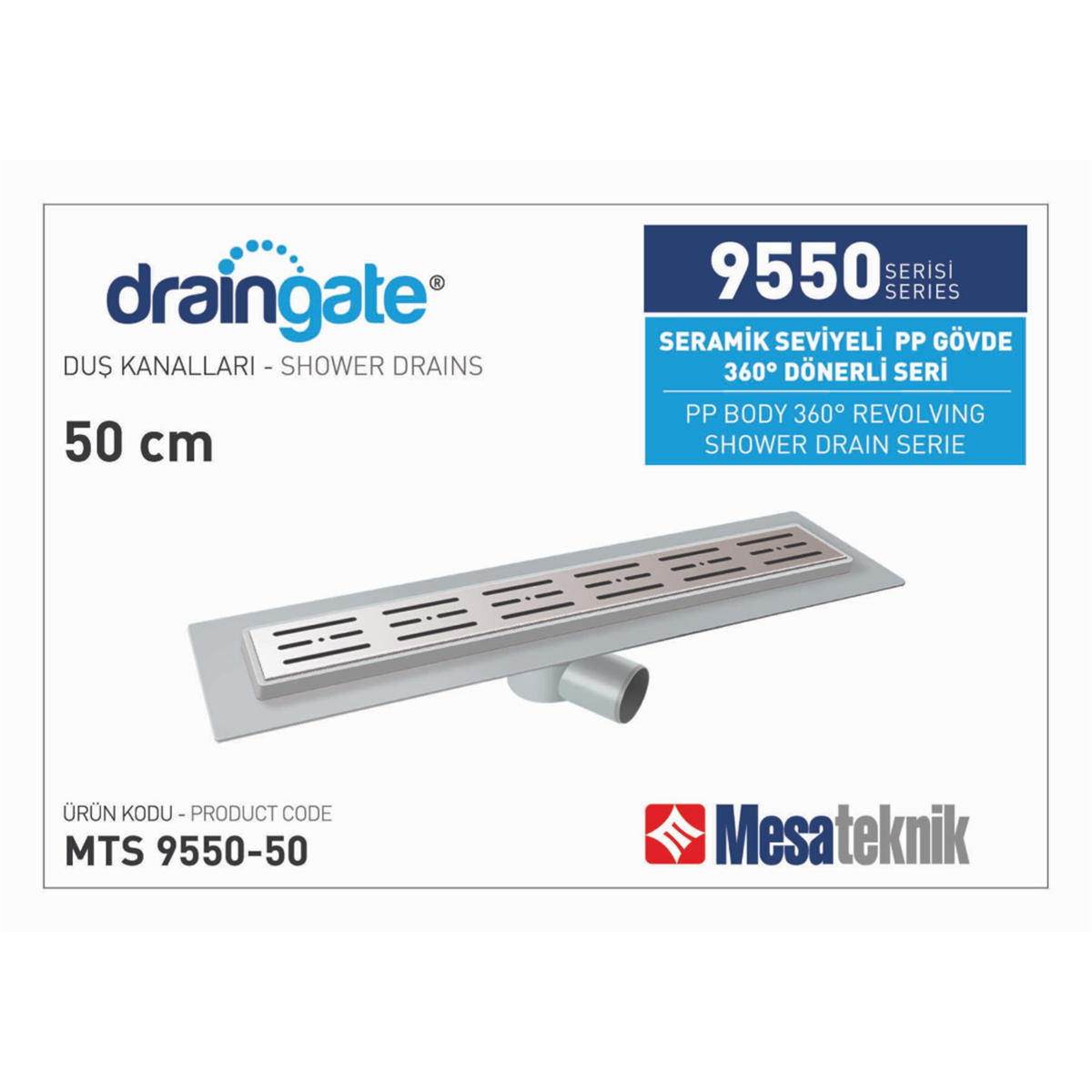Mesa Teknik 50cm Seramik Seviyeli Eko Gövde 360° Dönerli Duş Kanalı Süzgeci Ø 50 mm