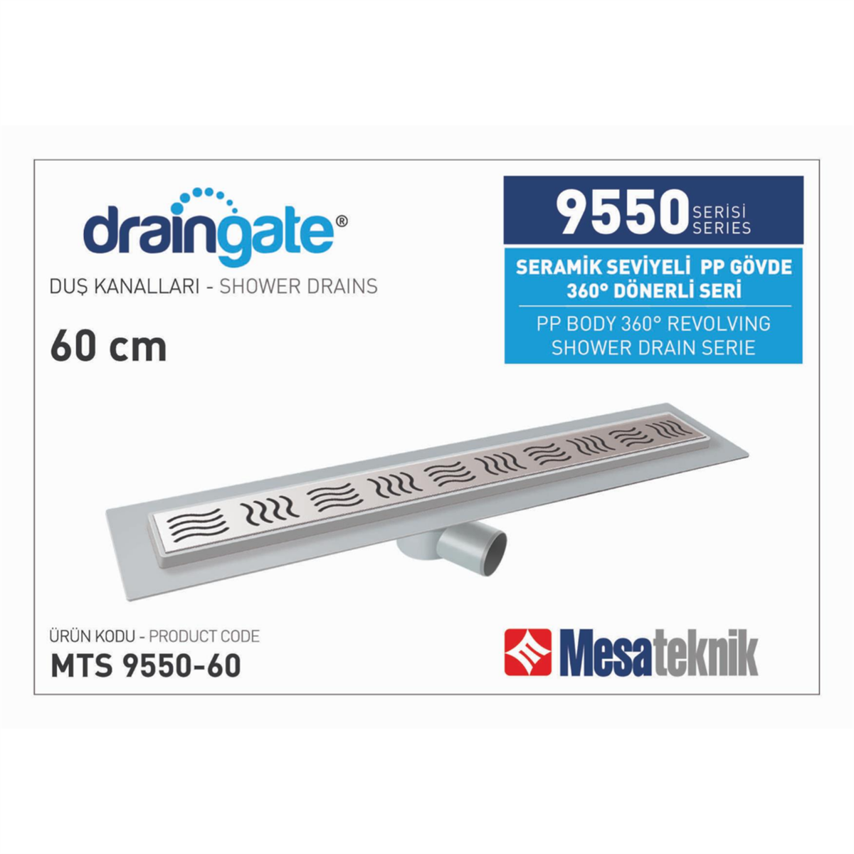 Mesa Teknik 60cm Seramik Seviyeli Eko Gövde 360° Dönerli Duş Kanalı Süzgeci Ø 50 mm
