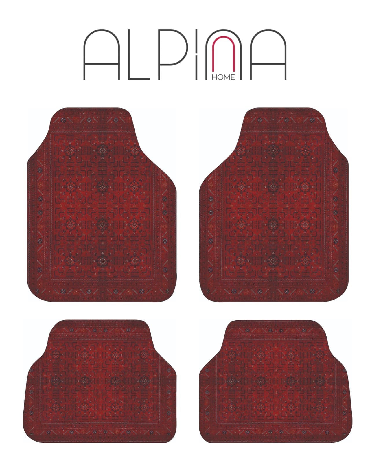 Alpina Home Etnik Desenli Kırmızı Oto Paspas Takımı 4 Parça Kaymaz Taban Yıkanabilir Dijital Baskı