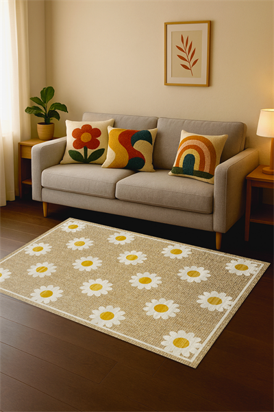Alpina Home Enjoy Yıkanabilir Papatya Desenli Salon Mutfak Balkon Dokuma Tabanlı Kilim