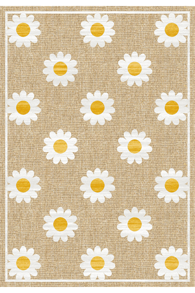 Alpina Home Enjoy Yıkanabilir Papatya Desenli Salon Mutfak Balkon Dokuma Tabanlı Kilim