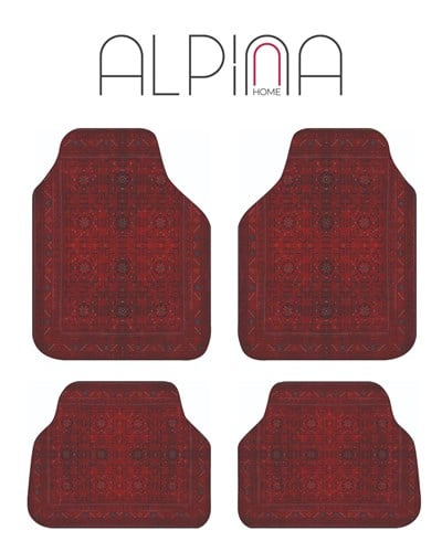 Alpina Home Etnik Desenli Kırmızı Oto Paspas Takımı 4 Parça Kaymaz Taban Yıkanabilir Dijital Baskı