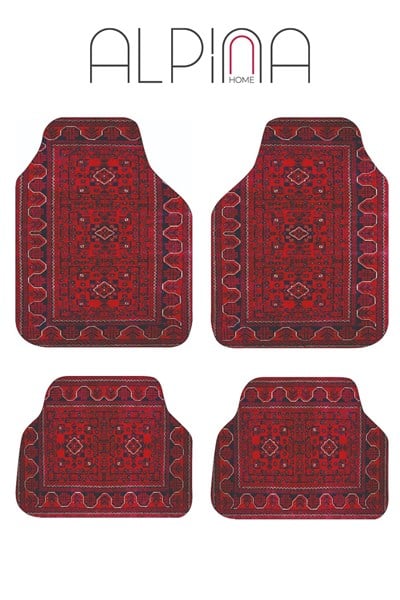 Alpina Home Etnik Desenli Kırmızı Oto Paspas Takımı 4 Parça Kaymaz Taban Yıkanabilir Dijital Baskı