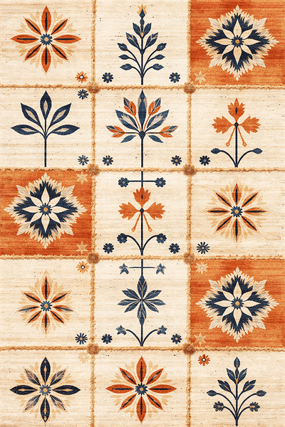 Alpina Home Lavin Turuncu Krem Çiçek Figürlü Kilim Dokuma Taban, Saçaksız Overlok, Antialerjik