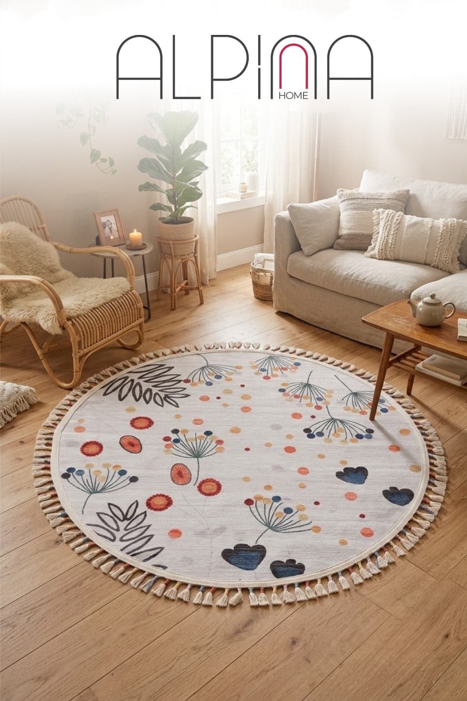 Alpina Home Lavin Yuvarlak Renkli Püsküllü Dokuma Kilim Punch Kırlent ile Uyumlu