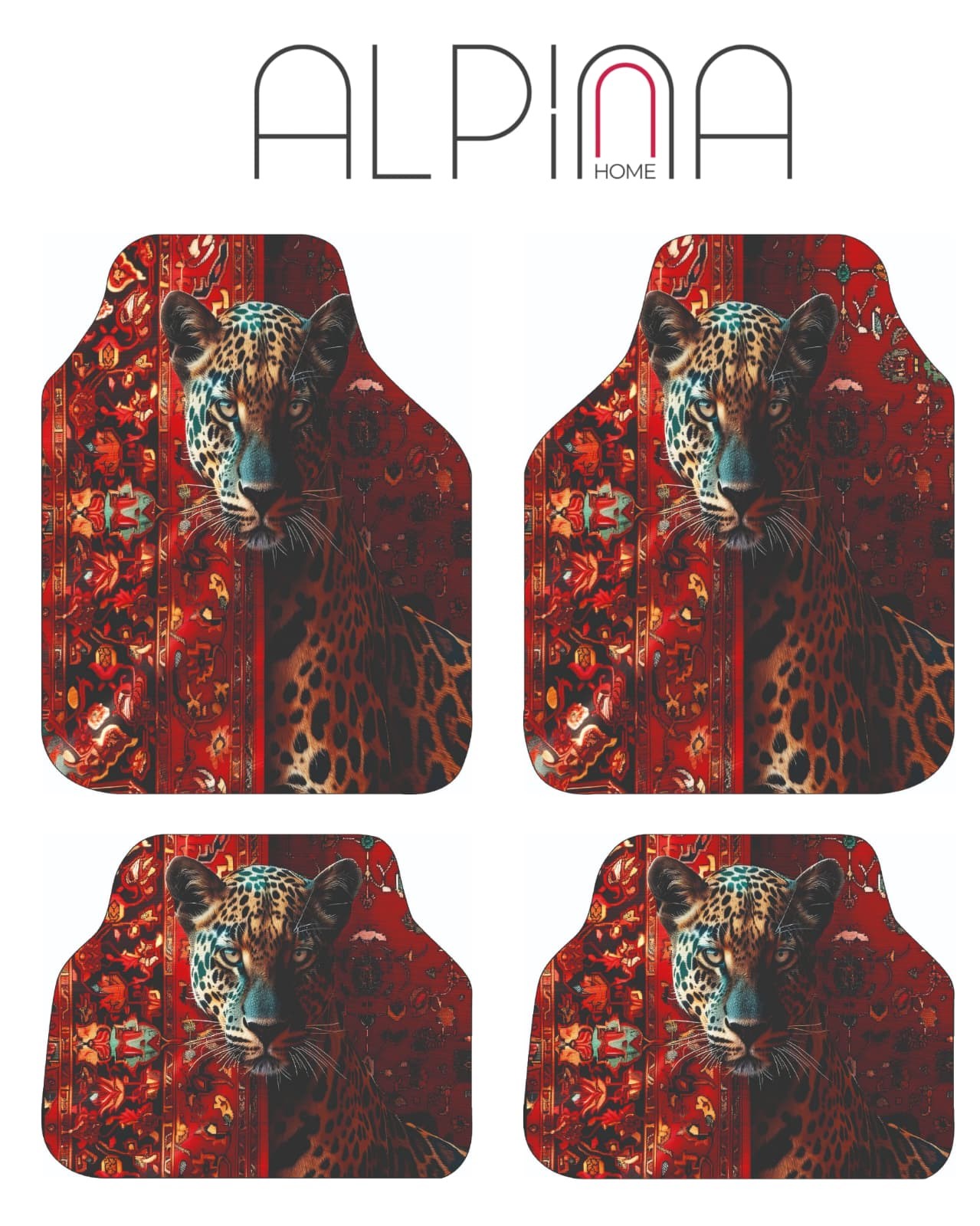 Alpina Home Leopar Desenli  Oto Paspas Takımı 4 Parça Kaymaz Taban Yıkanabilir Dijital Baskı